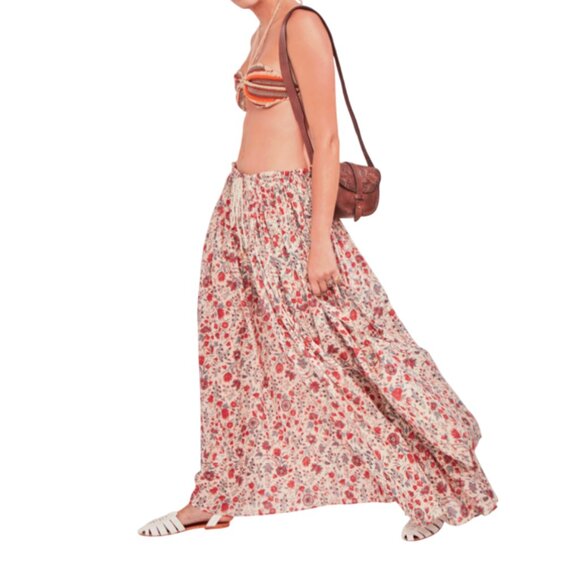 Antik Batik Annie Print Maxi Skirt Womens 36 XS Red Cream Floral Print Cotton - Picture 1 of 12